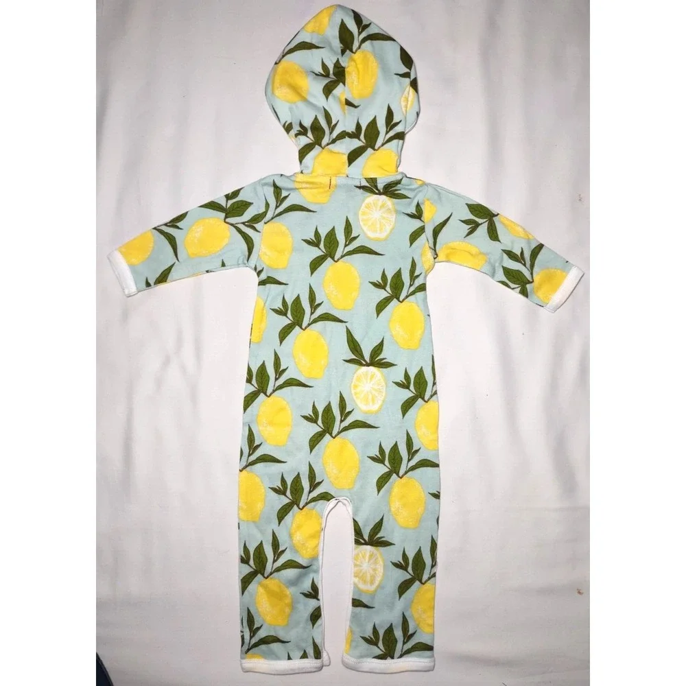 MilkBarn Lemon 3 6 Mos Organic Cotton Longall Outfit‎ Hooded Blue Green Jumpsuit